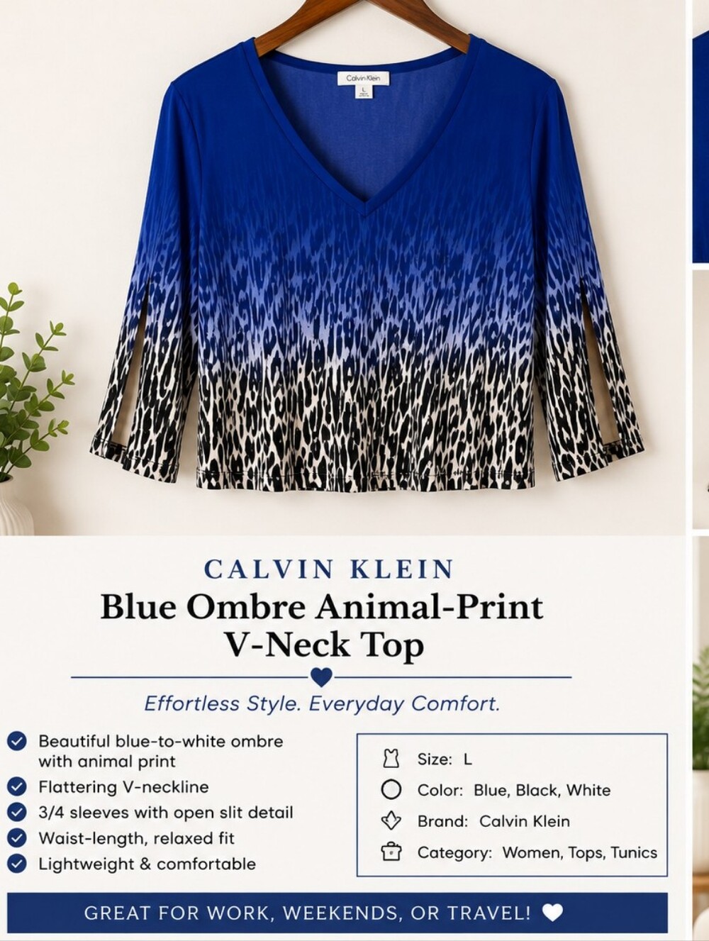 Calvin Klein Blue Ombre Animal Print V-Neck Tunic Top L